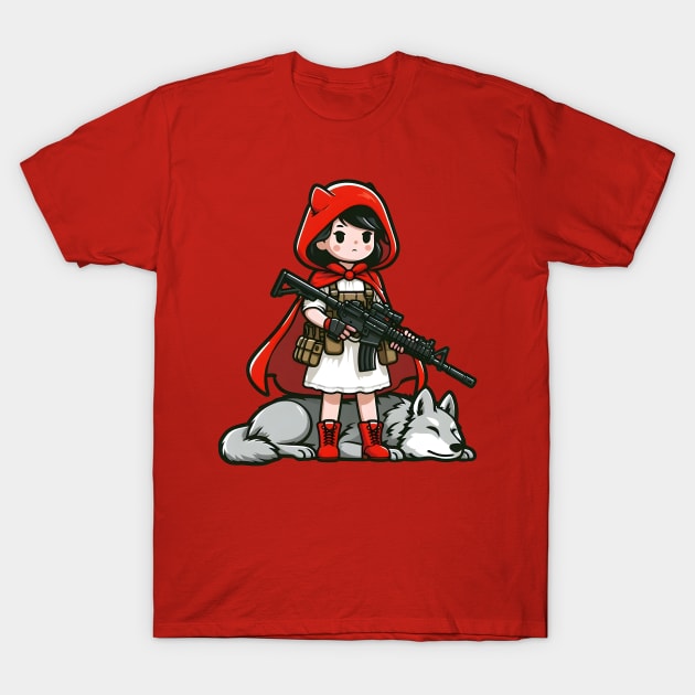 Tactical Little Red Riding Hood Adventure Tee: Where Fairytales Meet Bold Style T-Shirt by Rawlifegraphic